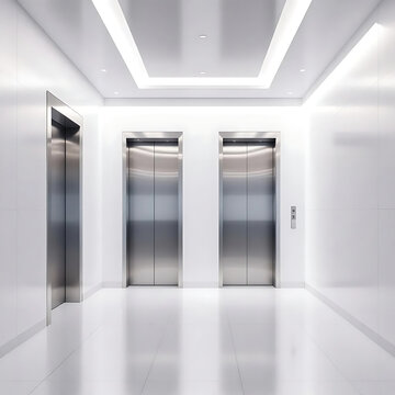 Modern office building hallway with stainless steel elevator doors and bright white lighting.