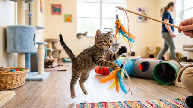 Cute tabby kitten jumping and playing with a colorful toy in a home