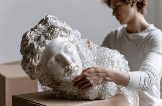 Young man carefully unpacking a classical white plaster bust sculpture from bubble wrap in a cardboard box