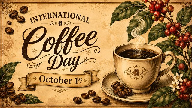 Vintage International Coffee Day banner with retro sketch coffee cup and botanical branch
