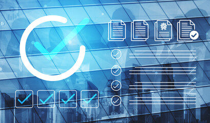 This image showcases a digital checkmark symbol overlaid on documents and a modern city skyline,...
