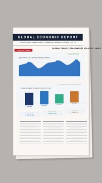 Global economic report with charts on newspaper table, embargo trade sanctions concept