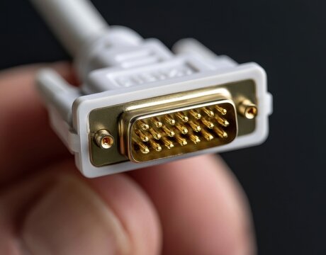 A white vga male connector with gold pins held by fingers