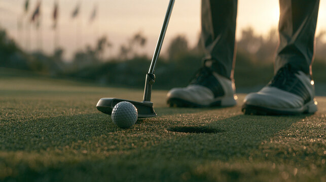 Golfer Putting Ball into Hole on Green Field During Sunset Low Angle View