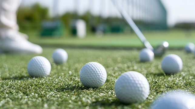 Golf Balls Scattered on Green Grass Mat at Driving Range Facility with Golfer Practicing Swing