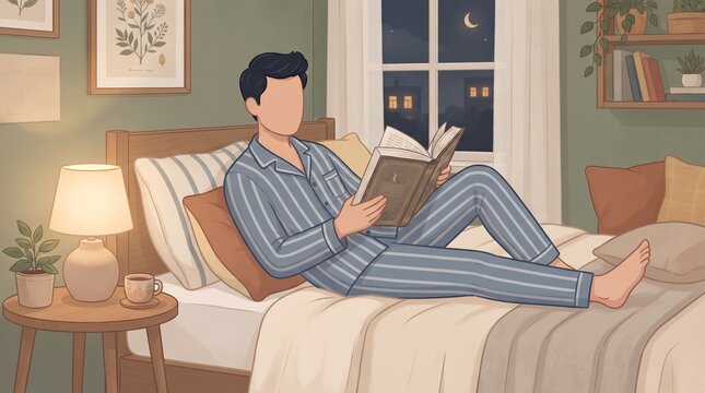 Faceless male cartoon character reading a book in a cozy bedroom, flat illustration for bedtime reading, relaxation, lifestyle, literature and leisure