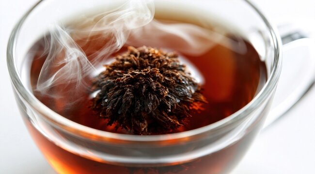 Blooming tea sphere unfurling inside a clear glass mug of hot water