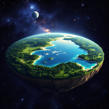 Floating island planet with lush forest and blue ocean in deep space galaxy background