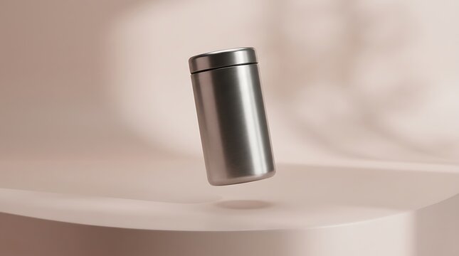 A small metal jar floating above a smooth platform with soft shadows and a light pink background aesthetic. vacuum sealed mug
