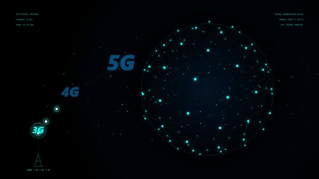 3G 4G 5G network evolution HUD animation, digital global plexus sphere loop on dark background 4k