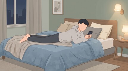 Fototapeta premium Faceless male cartoon character lying on bed using smartphone, flat illustration for relaxation, digital lifestyle, leisure and modern home concepts