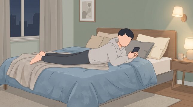 Faceless male cartoon character lying on bed using smartphone, flat illustration for relaxation, digital lifestyle, leisure and modern home concepts