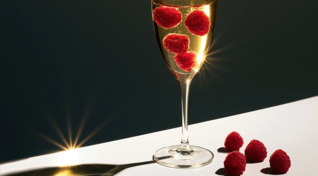 Champagne flute with floating raspberries and a few scattered on the table