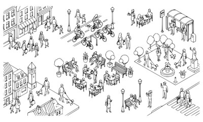 Fototapeta premium Monochrome Isometric City Life People Walking Cycling Relaxing Vector Collection