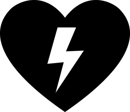 Automated external defibrillator AED sign silhouette icon featuring heart shape with lightning bolt symbol for medical emergency CPR response.