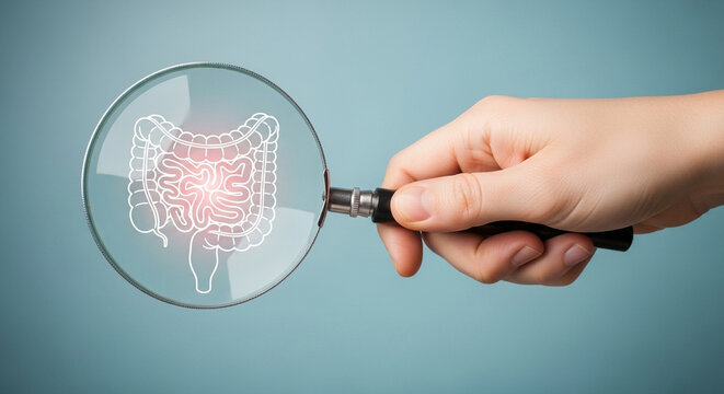 Hand holding magnifying glass over human intestine anatomy illustration for medical research