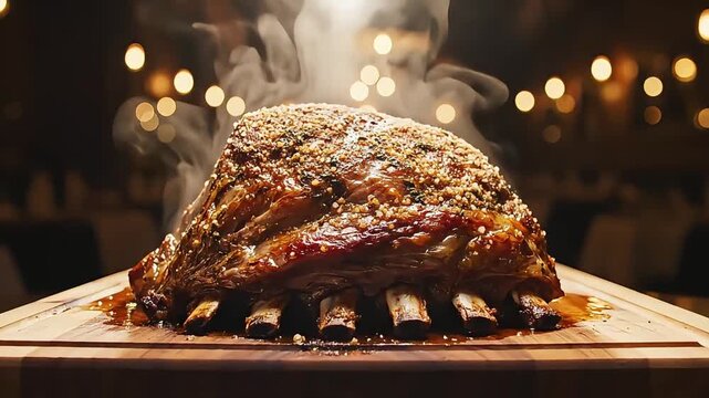 Steaming hot roasted rack of rib meat with seasoned crust served on a wooden board in a restaurant setting