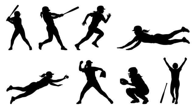 Set of baseball player silhouettes showing batting running sliding catching and celebrating, dynamic athletic poses, sports team championship