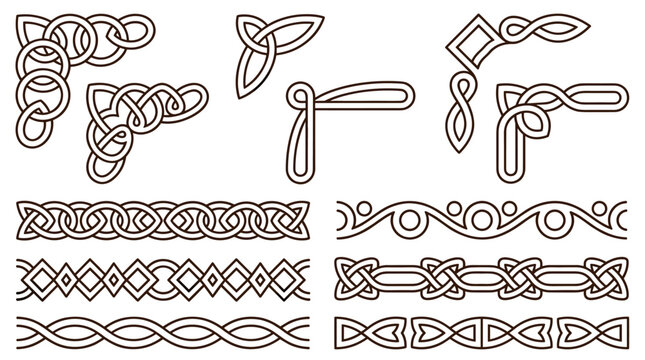 Set of decorative Celtic knotwork borders and corner elements for frame ornamentation, intricate line patterns, historical heritage design assets