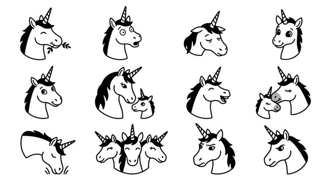 Set of unicorn head expressions with various moods, black and white line art vector, fantasy creature emotions, magical horse icons for design