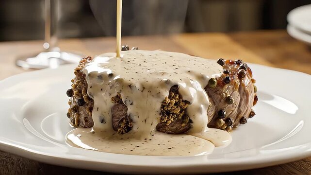 Creamy peppercorn sauce being poured over a freshly cooked peppered steak fillet on a white plate in a fine dining setting