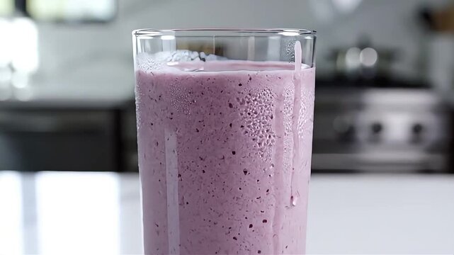 Fresh homemade purple berry smoothie served in a clear glass on a kitchen counter