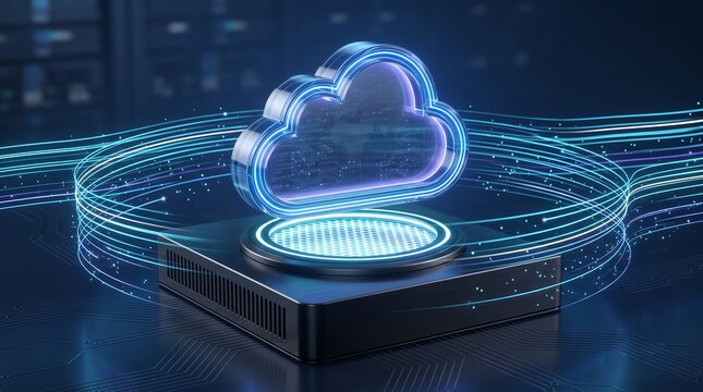 Glowing glass cloud icon floating above server hardware on dark background with high speed light trails for advanced cloud computing data center and network infrastructure