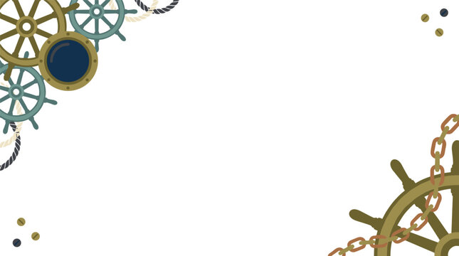 nautical frame corner border with ship wheels and iron chain links, marine adventure theme, maritime decoration element for layouts and invitations