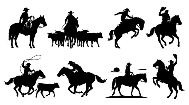 Set of black silhouettes of cowboys riding horses, western ranch life, livestock herding, rodeo action, wild west adventure, vintage style icons