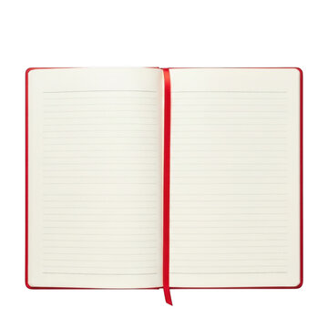Open red notebook with lined pages and ribbon bookmark isolated on white background.