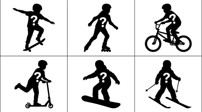 Set of black silhouettes featuring people doing sports, question mark sign on clothing, athletics and activity symbols for health and fitness