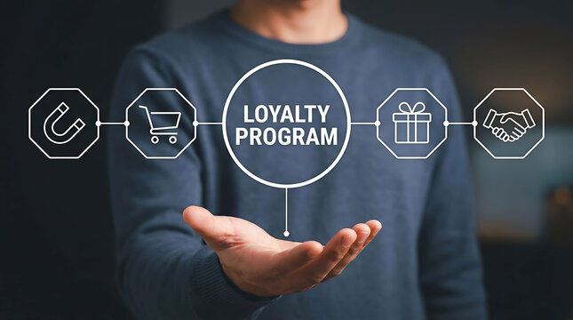 Customer loyalty program concept with digital marketing reward and retention icons
