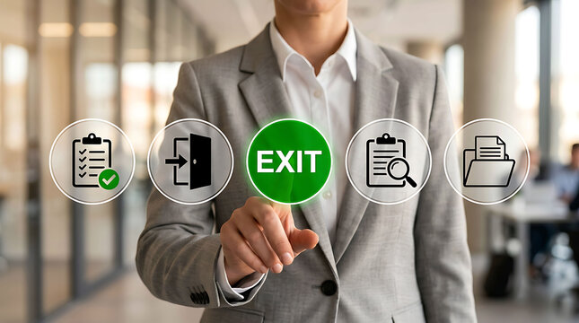 Businesswoman pushing green exit button representing employee offboarding process