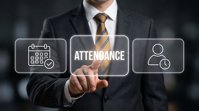 Businessman touching digital attendance button for employee time tracking system