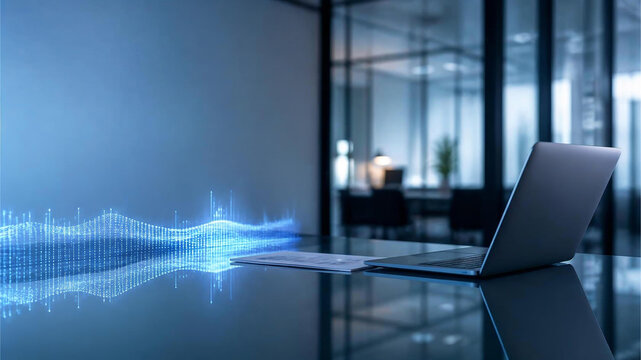 Futuristic Technology Display: A modern laptop sits on a sleek desk, with a dynamic, glowing blue waveform data visualization emanating from a document.