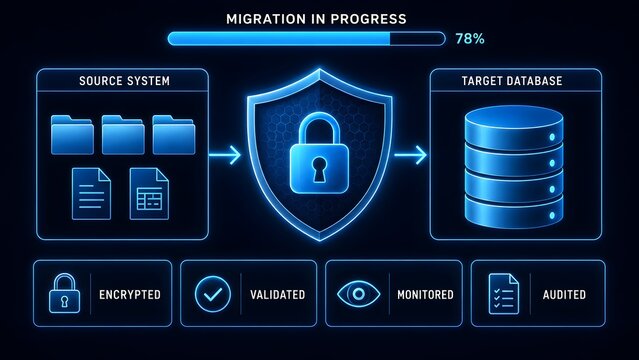 Secure enterprise data migration interface showing file transfer from source folder to target database