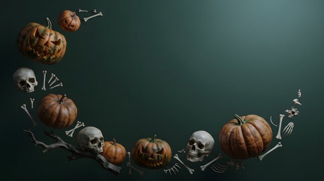 Halloween background with curved arrangement of pumpkins skulls and bones on dark green surface