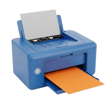 Blue desktop printer with paper isolated on white background for office document printing