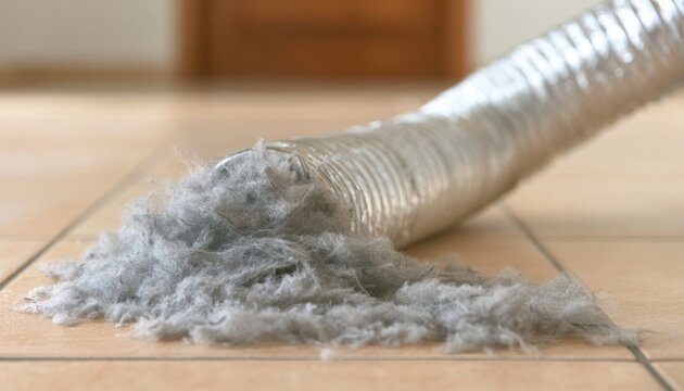 Dust and debris being collected by a silver vacuum cleaner hose on a tiled floor