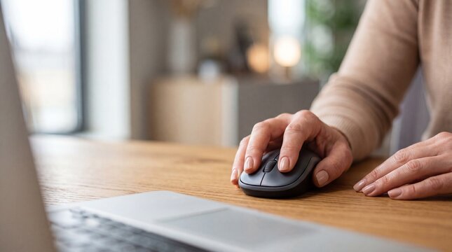 Close up of a person's hand using a wireless computer mouse on a wooden desk next to a laptop