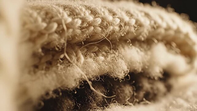 Ivory knitted wool explored from an intimate low angle, showing bulky stitch arches, stray curling fibres, shadowed cavities, creamy yarn relief, and warm rim light inside a luminous fibre cavern