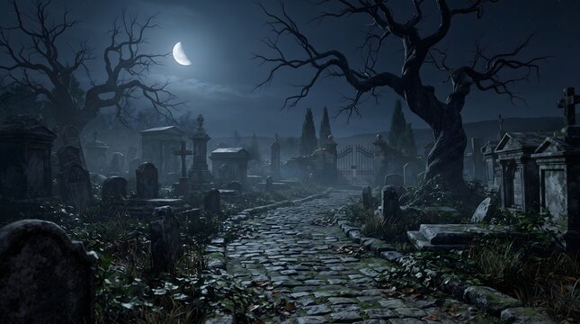 Creepy gothic cemetery path at night illuminated by moonlight with old tombstones and bare twisted