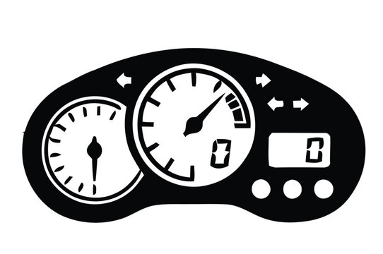 Black and white vector illustration of a car dashboard speedometer and gauges.