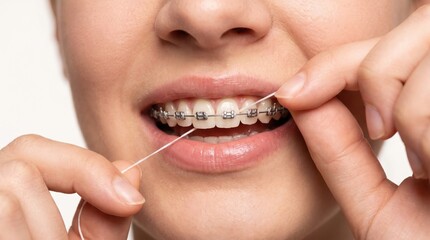 Fototapeta premium Close up of a young woman flossing her teeth with metal braces for optimal oral hygiene.
