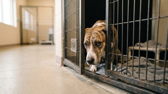 Sad beagle dog sitting inside a metal cage at an animal shelter kennel