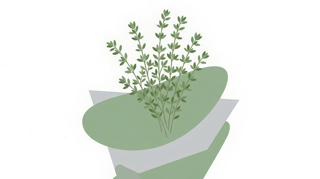 Fresh green thyme herb sprig illustration on abstract layered geometric background