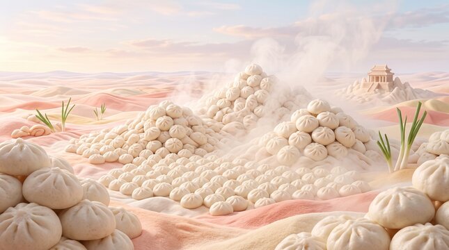 Steamed baos form rolling hills in a surreal landscape