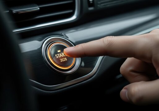 A close up view of a human finger pressing the illuminated engine start stop button located on the dashboard of a modern luxury vehicle