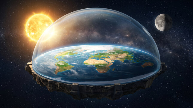 Flat earth model under glass dome floating in space with sun moon and stars represents ancient cosmological world view theory.