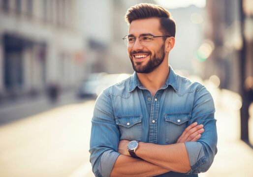 A confident young man with a beard and stylish glasses wearing a denim shirt stands outdoors with his arms crossed while smiling at something